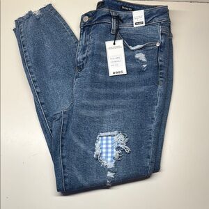 Judy Blue High Rise Blue Gingham High Waist Skinny Fit Distressed Jeans